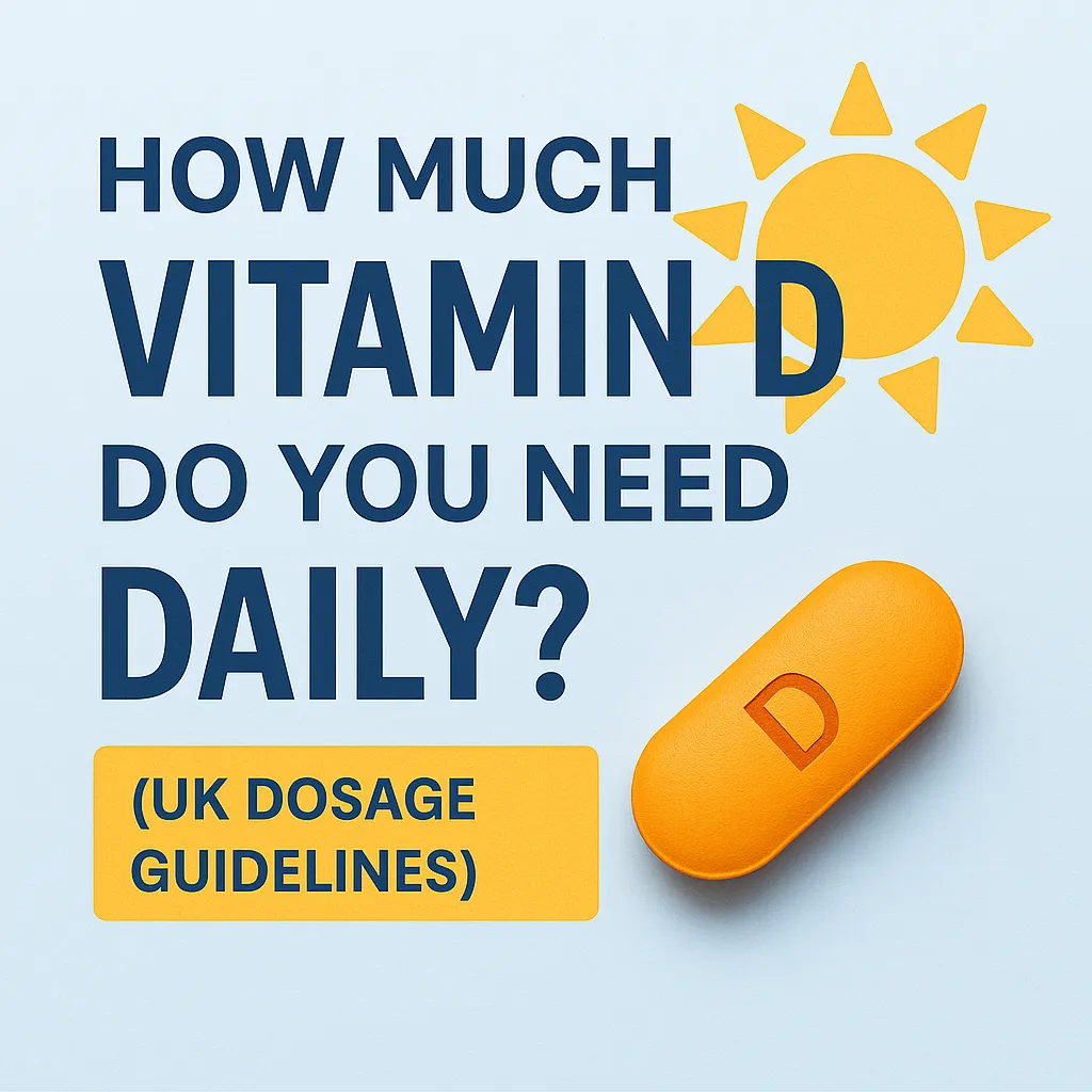 Daily Vitamin D dosage UK guidelines featured image with sunlight, vitamin D pill, and title text.