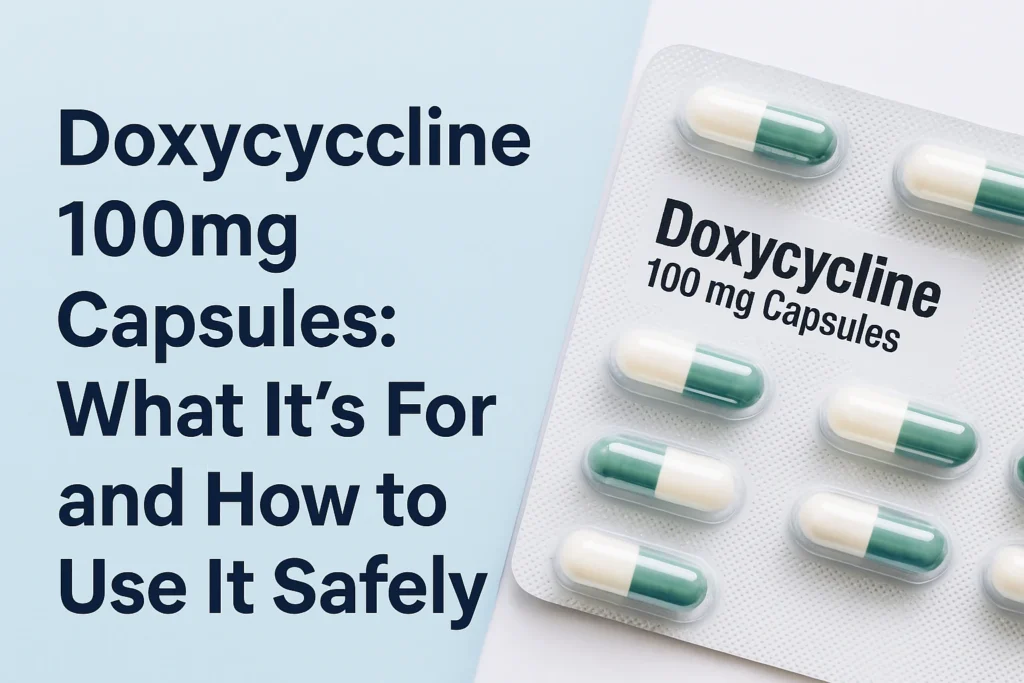 Blister pack of Doxycycline 100mg capsules with clean medical layout for safe use and dosage guidance