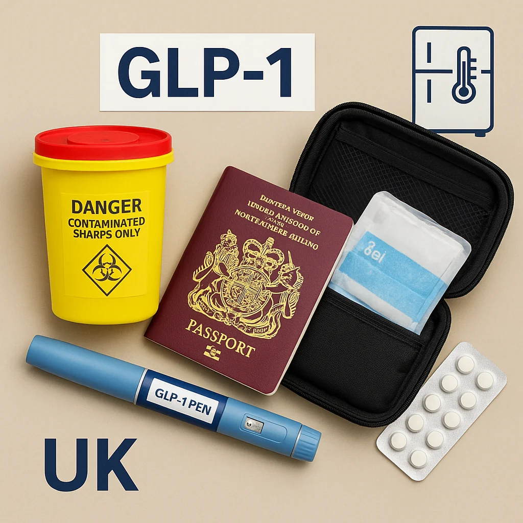 GLP-1 pen with UK passport, sharps bin and travel cold pack—storage, travel and sharps disposal essentials