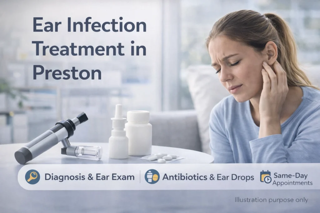Ear infection treatment in Preston showing patient with ear pain, otoscope examination tools and prescribed ear drops.