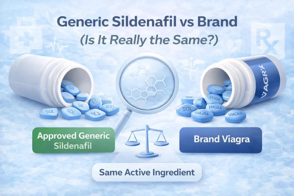 Generic sildenafil vs brand Viagra showing same active ingredient