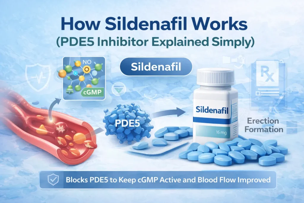 How sildenafil works as a PDE5 inhibitor improving blood flow