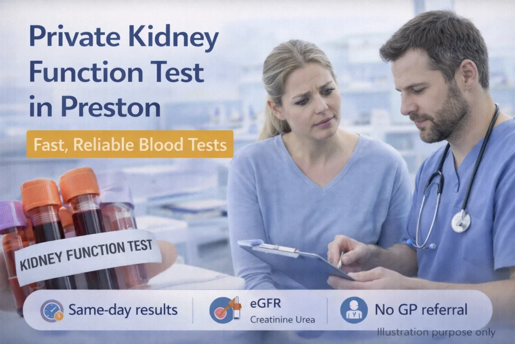 Private kidney function test in Preston showing blood sample tubes and clinician consultation in a medical clinic.