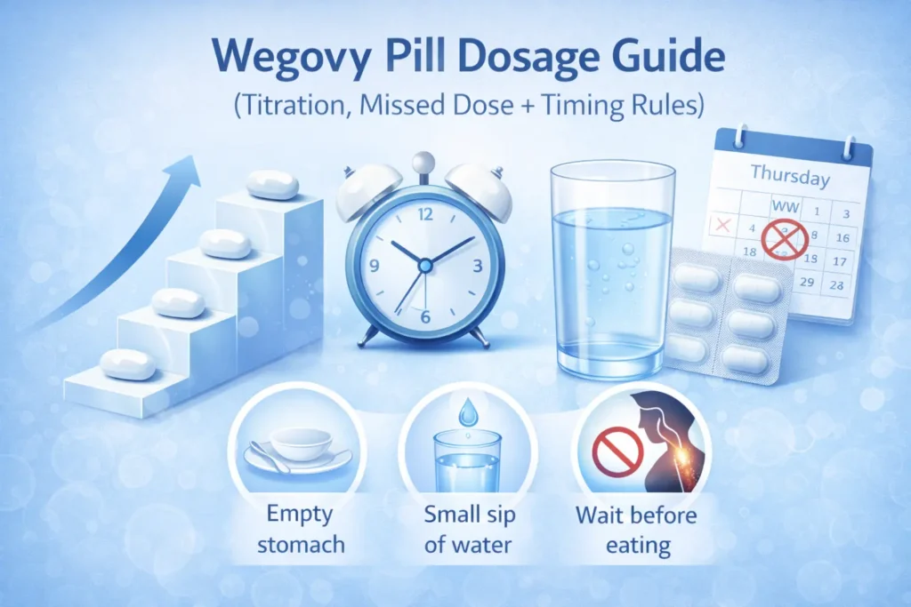 Medical illustration showing Wegovy pill dosage titration, timing rules, and missed dose guidance.