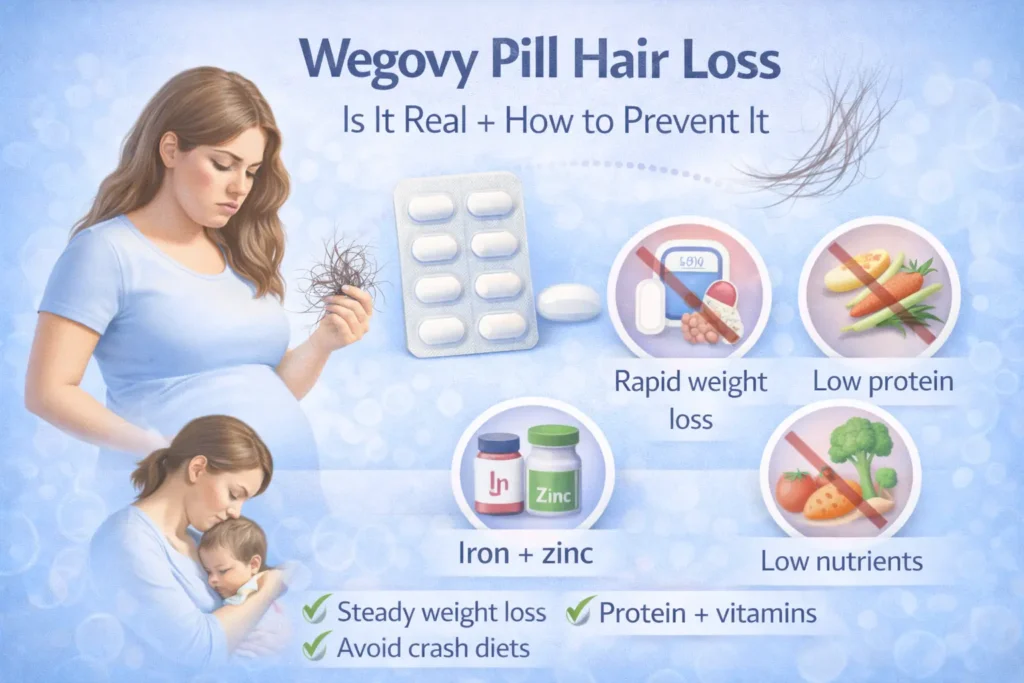Medical illustration about Wegovy pill hair loss, showing shedding concerns and prevention tips like steady weight loss and adequate protein and nutrients.