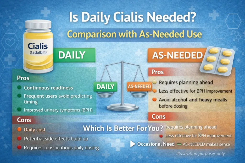Medical illustration explaining what Cialis is and how it compares to tadalafil