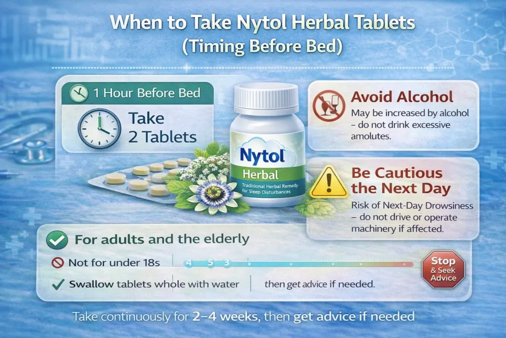 When to take Nytol Herbal Tablets timing before bed alcohol and next day driving warnings