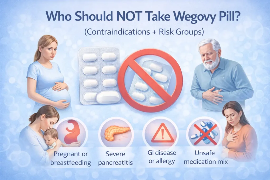 Medical illustration showing Wegovy pill contraindications including pregnancy, breastfeeding, severe pancreatitis, GI disease, and unsafe medication interactions.
