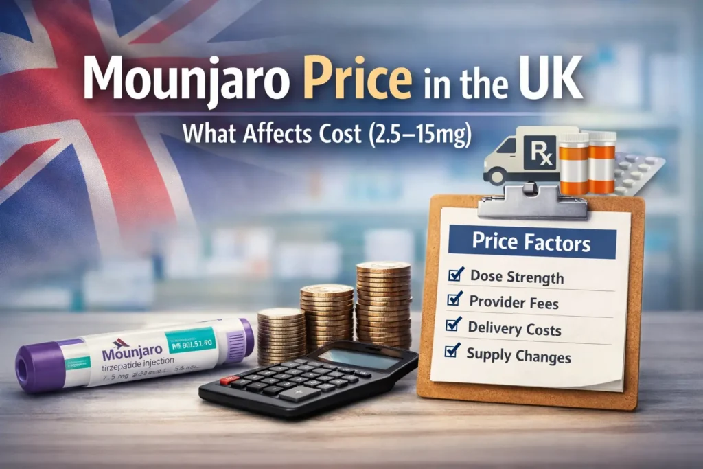 Mounjaro price in the UK with dose range 2.5–15mg, calculator, coins and price factors checklist
