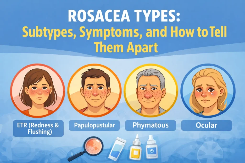 Rosacea types infographic showing ETR redness, papulopustular bumps, phymatous thickening, and ocular symptoms in a clean medical-style layout.